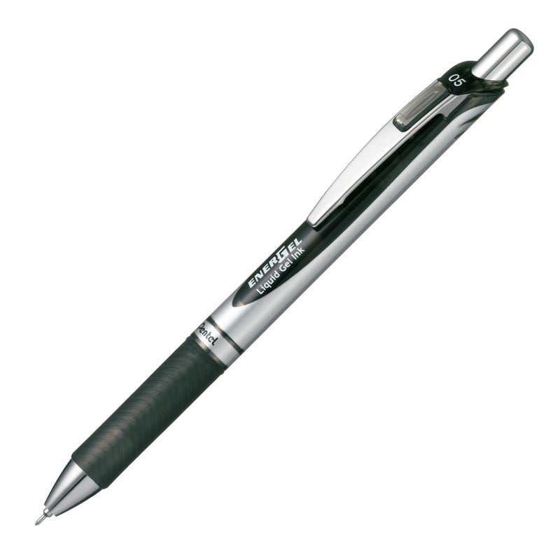 بنتل قلم حبر جاف Pentel Energel Knock، طرف إبرة 0.5 مم، حبر أسود، جسم فضي مع لمسة سوداء (BLN75Z-A) - Image 1